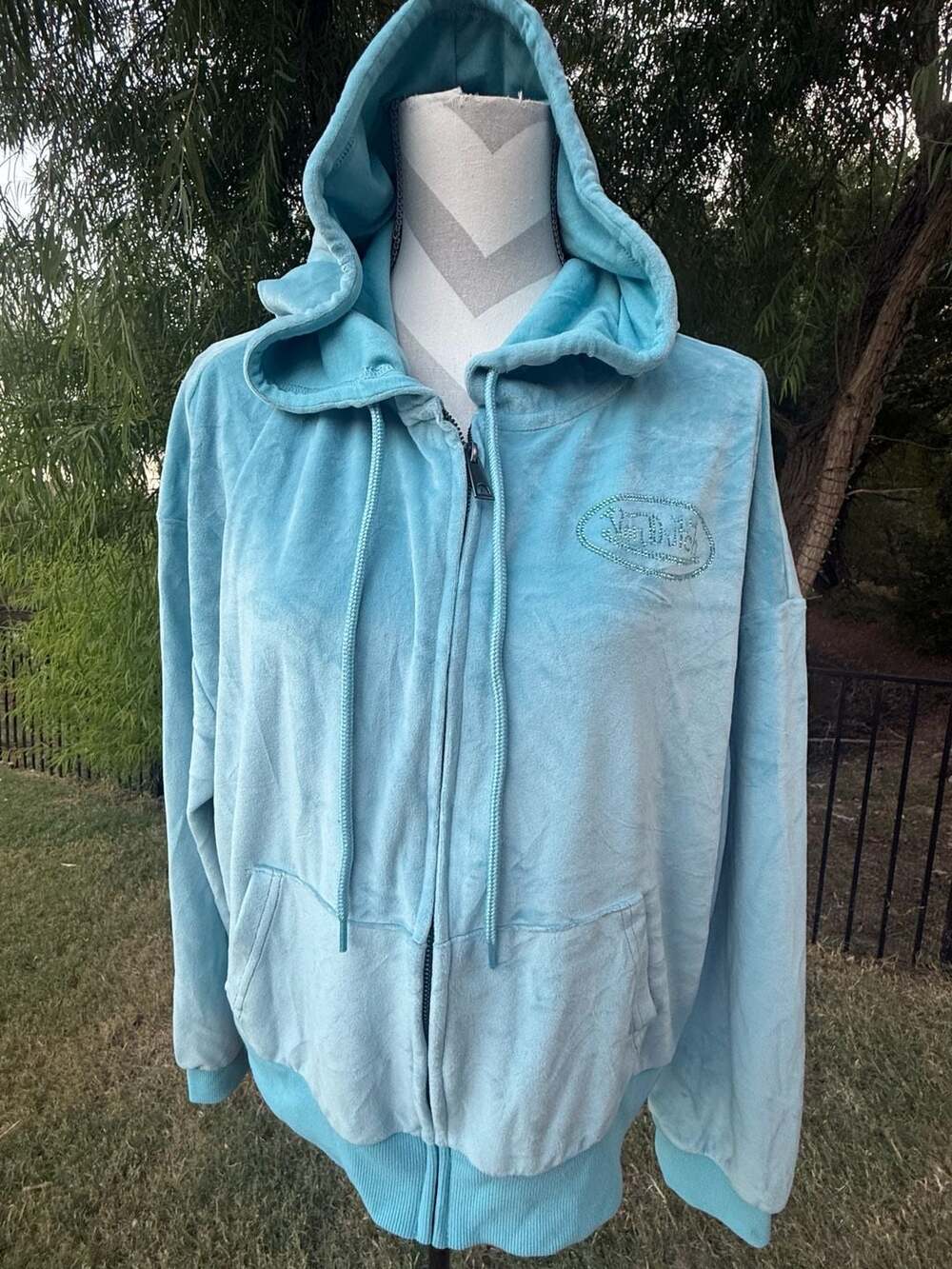 Von Dutch 1X Velour Rhinestone Zip Up Hoodie Baby Blue